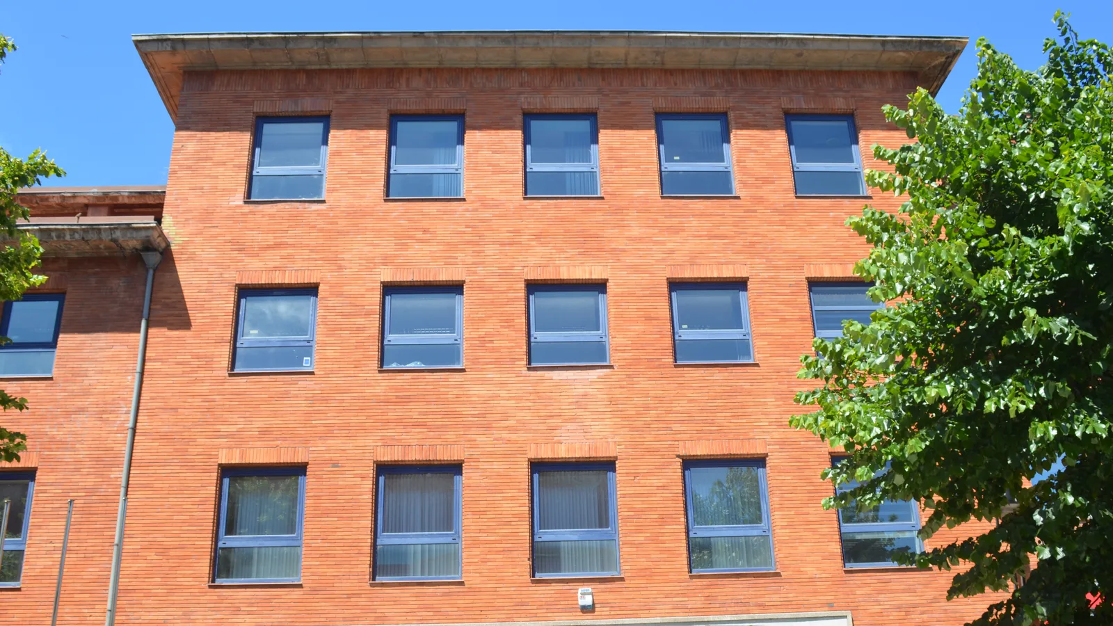 Fachada de ladrillo de las antiguas oficinas centrales de Duro Felguera en La Felguera (Langreo, Asturias), con cuatro plantas de ventanas y un árbol en primer plano.